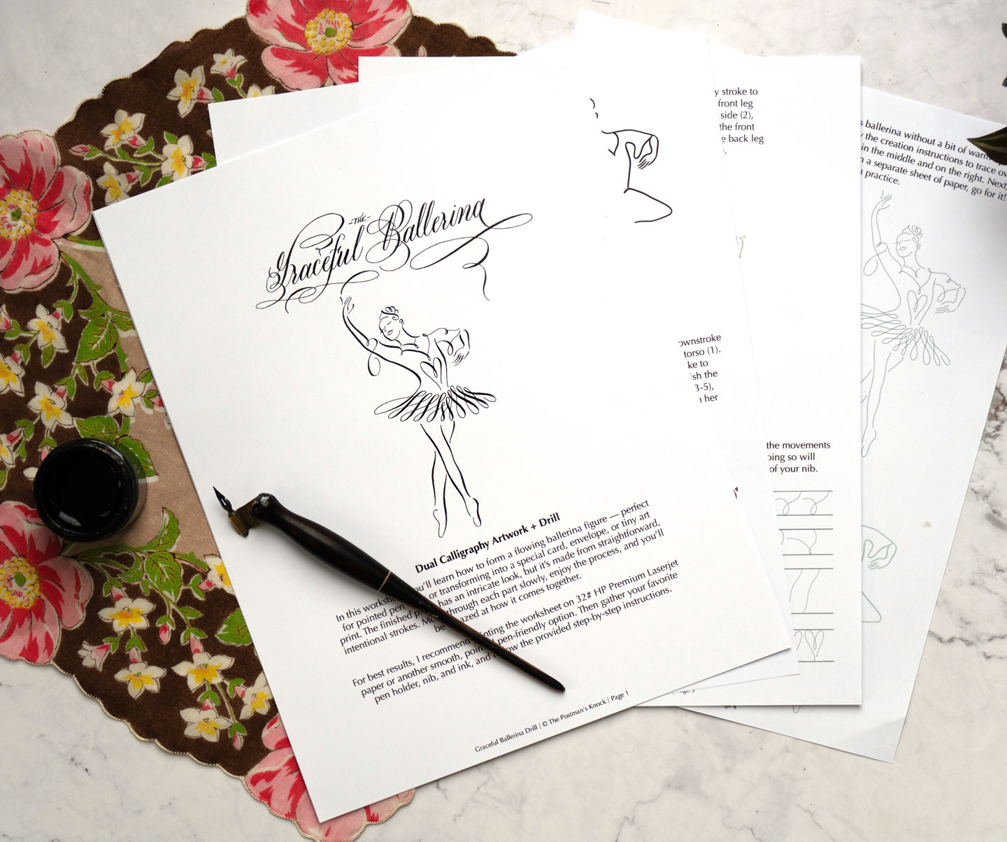 Graceful Ballerina Calligraphy Artwork + Drill Worksheet